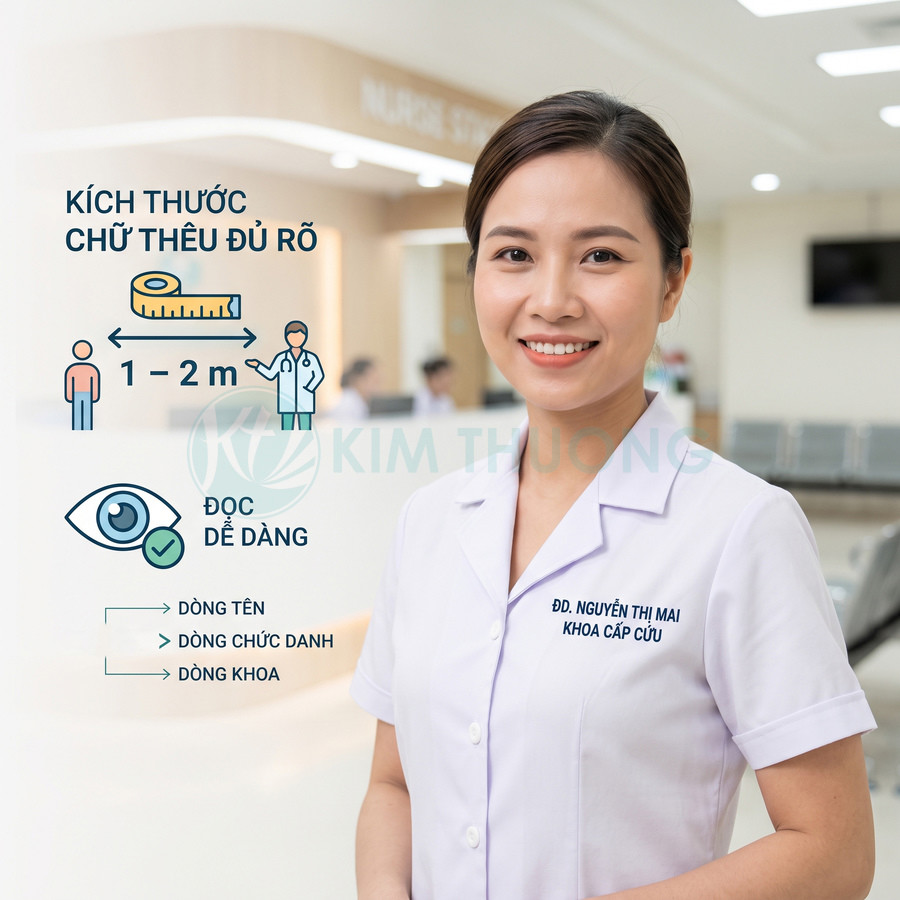 Đồng phục y tá Kim Thượng màu trắng thêu tên và chức danh rõ nét trong bệnh viện