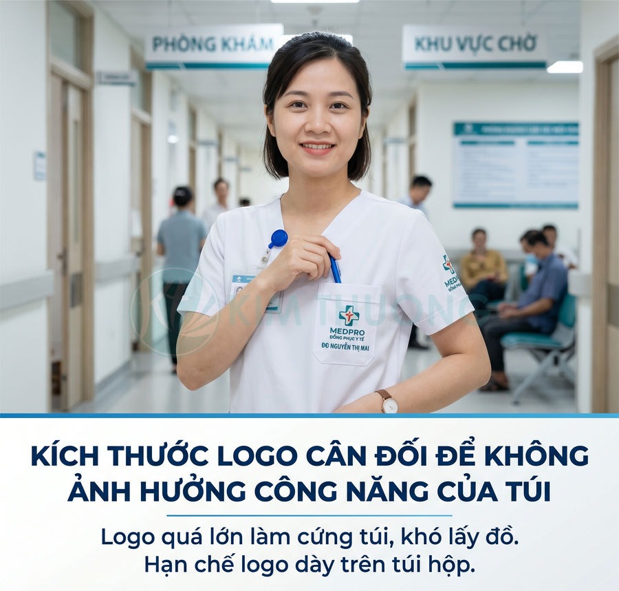 Nữ nhân viên y tế MEDPRO đứng trong hành lang bệnh viện, tay cầm bút tại túi áo có in logo MEDPRO