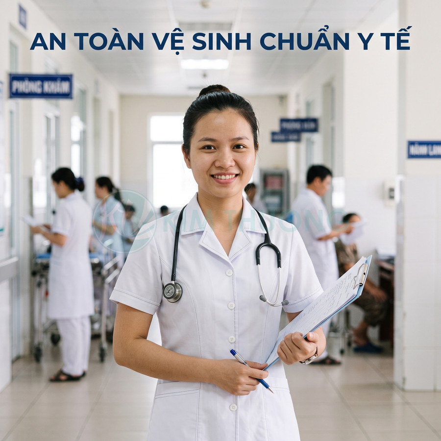 Nữ bác sĩ mặc áo blouse trắng đeo ống nghe cầm bảng hồ sơ đứng trong hành lang bệnh viện sạch sẽ
