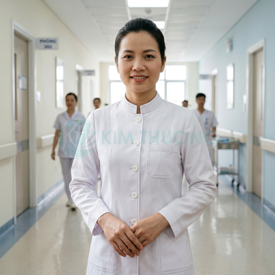 Nữ y tá mặc áo blouse trắng đứng trong hành lang bệnh viện sạch sẽ, phía sau có đồng nghiệp di chuyển