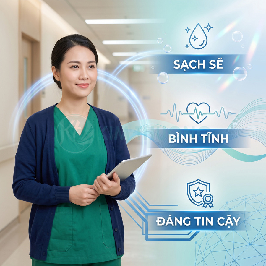 Nữ nhân viên y tế mặc đồng phục xanh cầm máy tính bảng, thông điệp sạch sẽ bình tĩnh đáng tin cậy