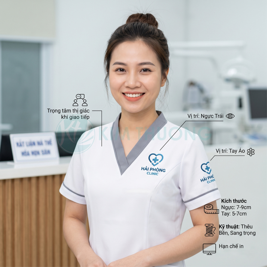 Nữ nhân viên y tế mặc đồng phục trắng logo Hải Phòng Clinic đứng mỉm cười trong phòng khám