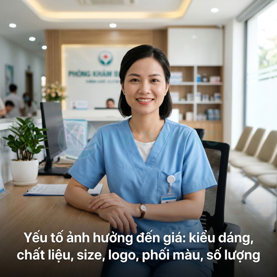 Nữ y tá mặc đồng phục y tế màu xanh dương ngồi tại quầy lễ tân phòng khám hiện đại