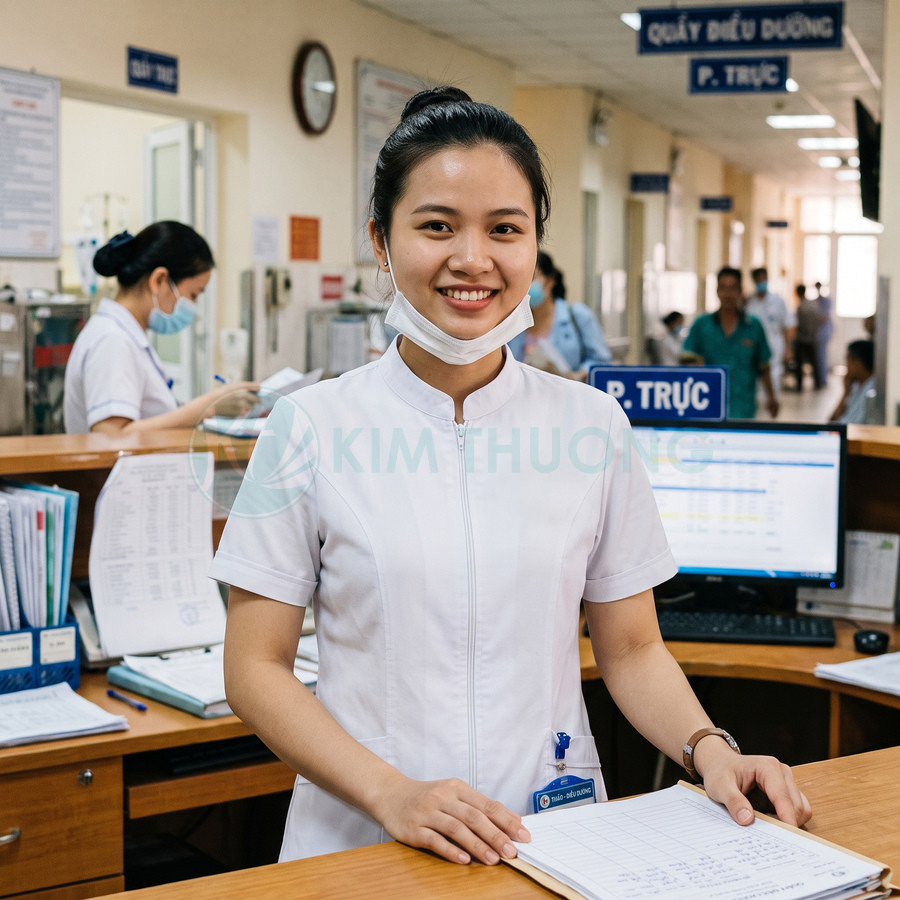 Nữ y tá mặc đồng phục trắng đeo khẩu trang dưới cằm đứng tại quầy tiếp nhận bệnh viện