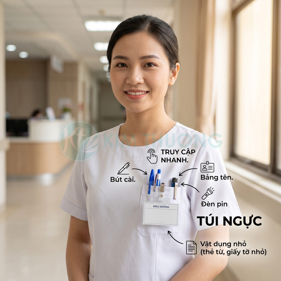 Đồng phục điều dưỡng nữ màu trắng với túi ngực đựng bút, đèn pin và bảng tên trong bệnh viện