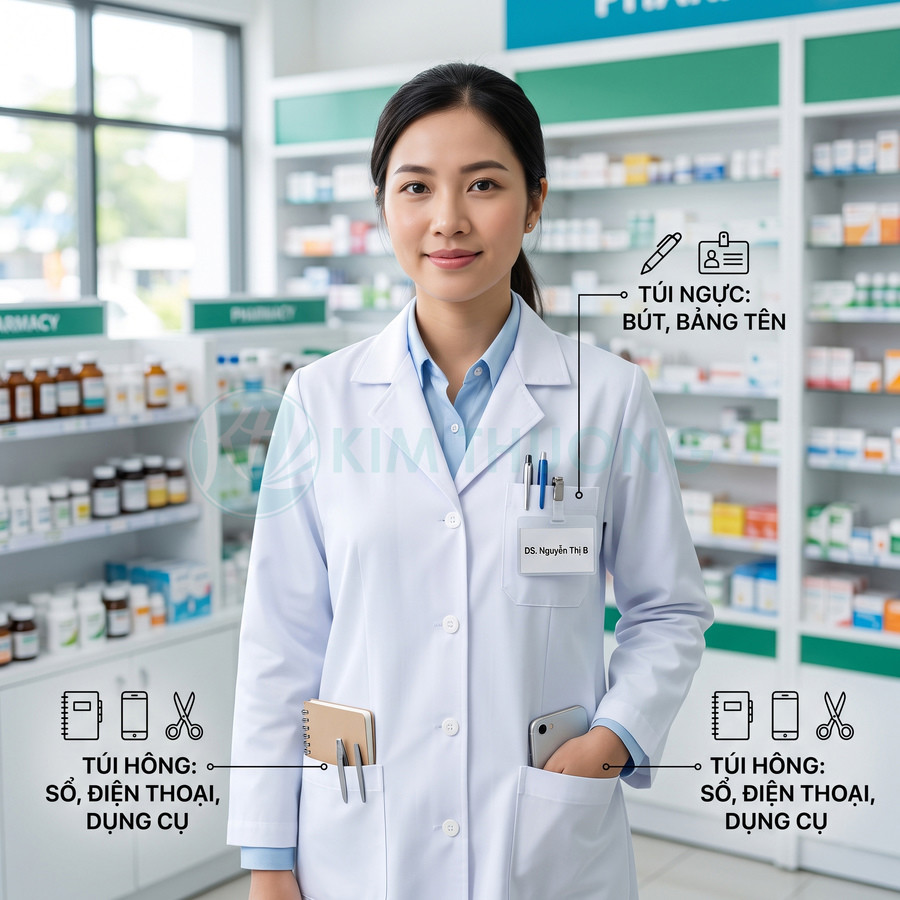 Dược sĩ mặc áo blouse trắng đứng trong nhà thuốc, túi áo cài bút và cầm điện thoại, sổ tay, dụng cụ làm việc