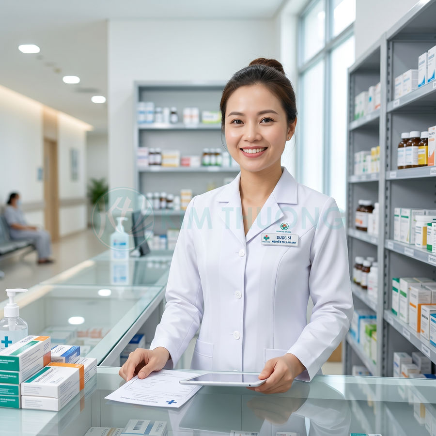 Dược sĩ tư vấn thuốc cho khách tại quầy nhà thuốc hiện đại với nhiều hộp thuốc trên kệ