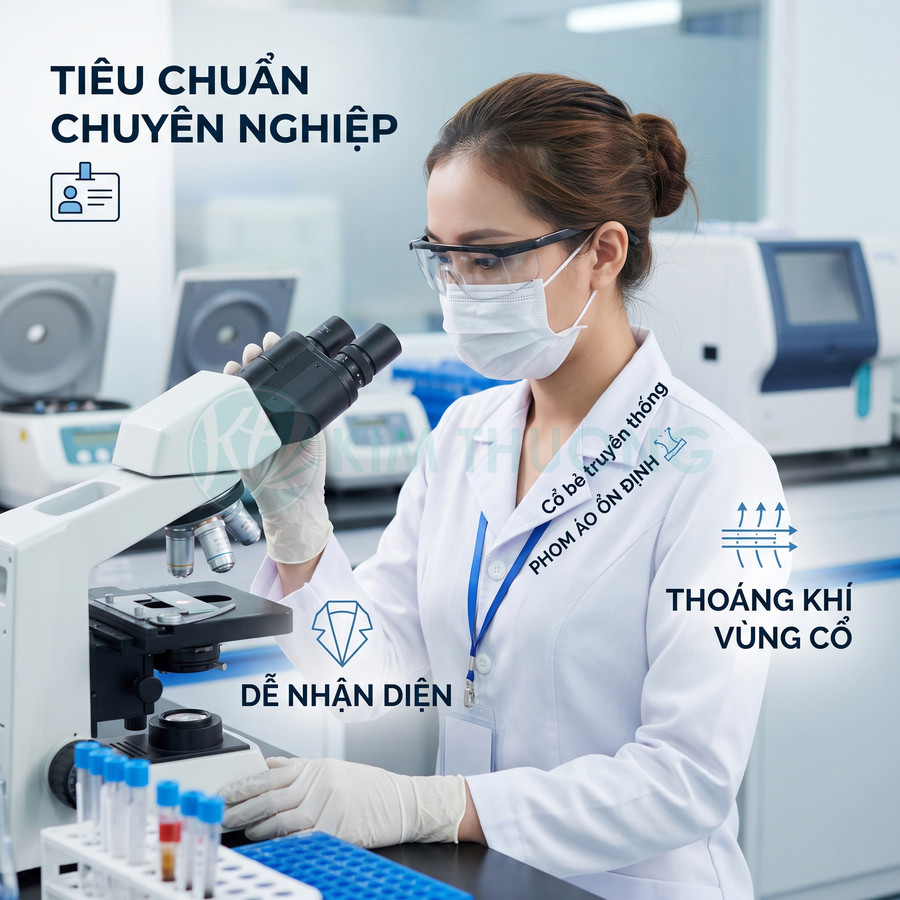 Áo blouse phòng thí nghiệm cho nữ nhân viên y tế đang soi kính hiển vi trong môi trường làm việc chuyên nghiệp