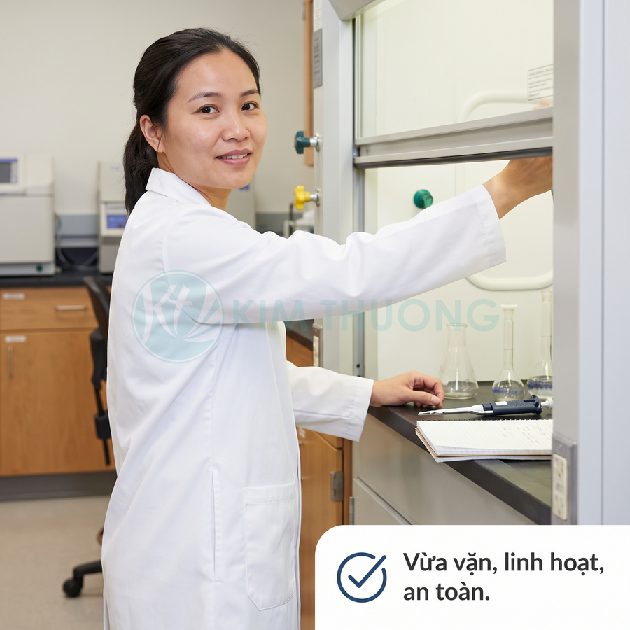 Nữ nhân viên phòng thí nghiệm thao tác với tủ thiết bị và dụng cụ thủy tinh trong phòng lab