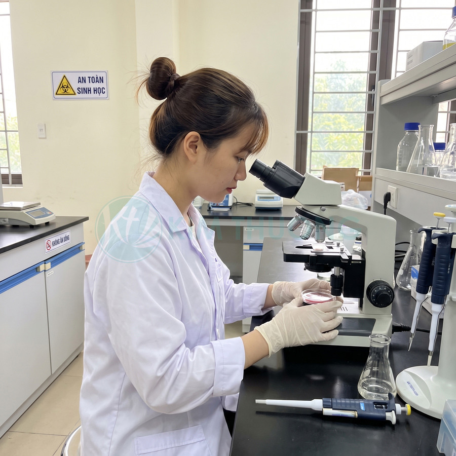 Nhân viên phòng thí nghiệm sử dụng kính hiển vi kiểm tra đĩa mẫu nuôi cấy vi sinh vật
