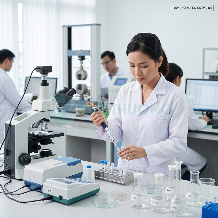 Kỹ thuật viên phòng thí nghiệm sử dụng micropipette lấy mẫu bên cạnh kính hiển vi và dụng cụ xét nghiệm hóa học