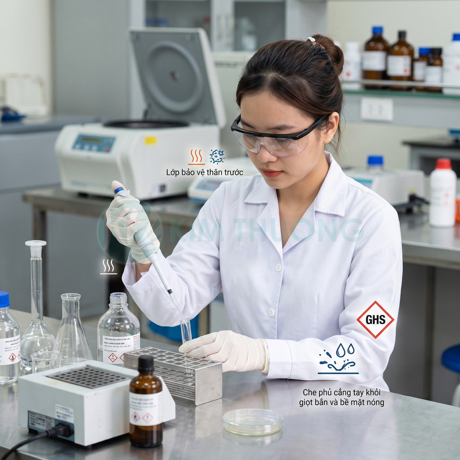 Kỹ thuật viên mặc áo blouse và găng tay dùng micropipette lấy mẫu trong phòng thí nghiệm hóa chất