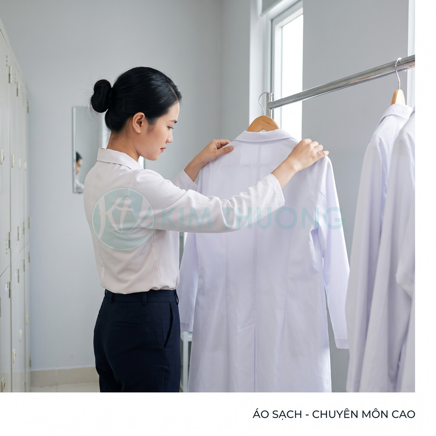 Nhân viên kiểm tra áo blouse trắng sạch treo trên móc trong phòng thay đồ sáng sủa
