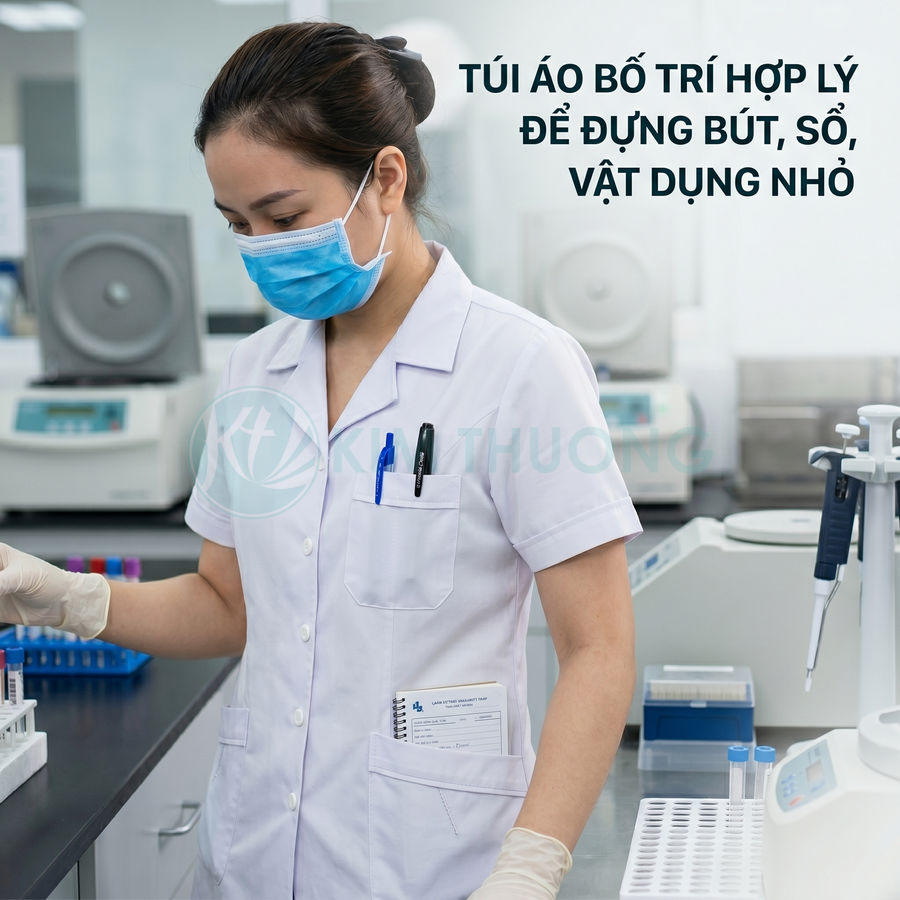 Nhân viên y tế mặc áo blouse trắng có nhiều túi đựng bút và sổ tay trong phòng thí nghiệm