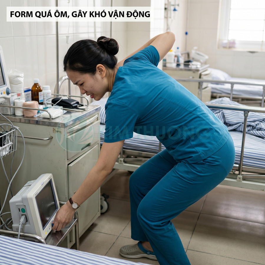 Đồng phục y tá màu xanh form ôm khiến nữ điều dưỡng khó cúi người thao tác với máy theo dõi bệnh nhân