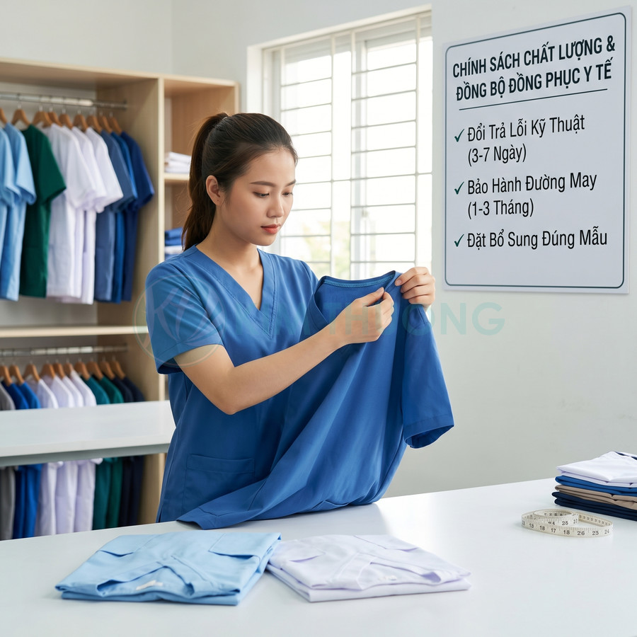Nhân viên kiểm tra áo đồng phục y tế màu xanh trong cửa hàng may đo chuyên nghiệp