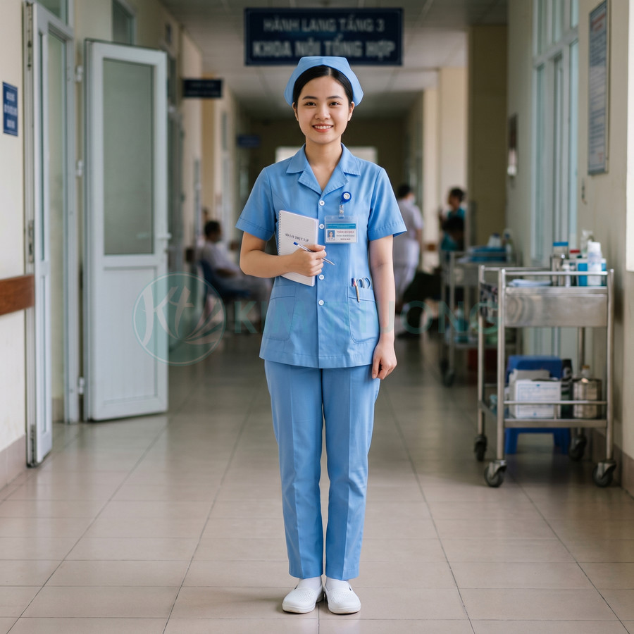 Đồng phục y tá màu xanh dương tay ngắn quần dài, mũ cùng màu, giày y tế trắng trong bệnh viện