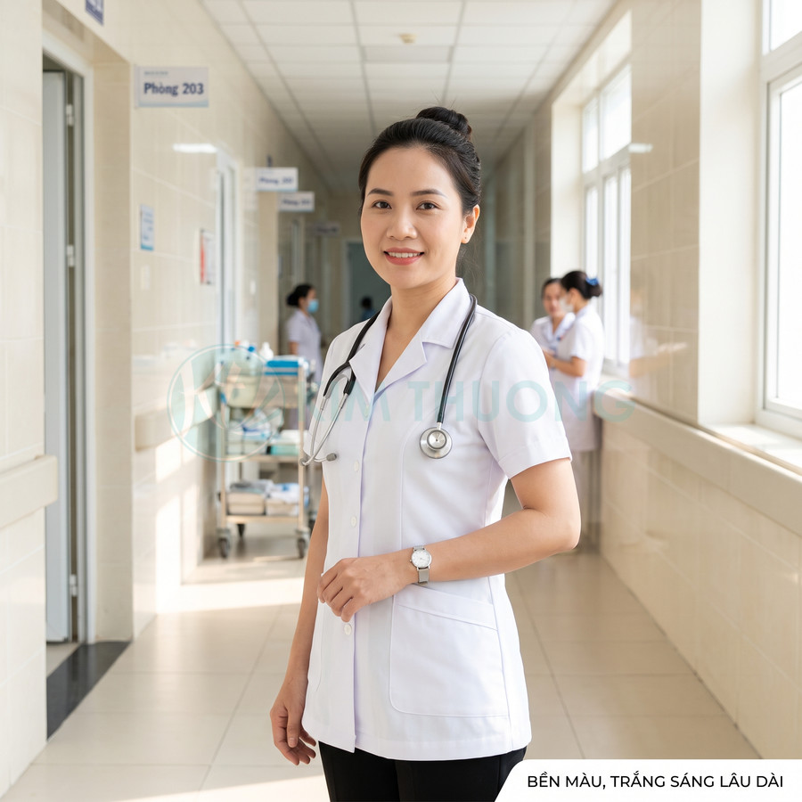 Áo blouse y tá trắng bền màu cho nữ nhân viên y tế đứng trong hành lang bệnh viện