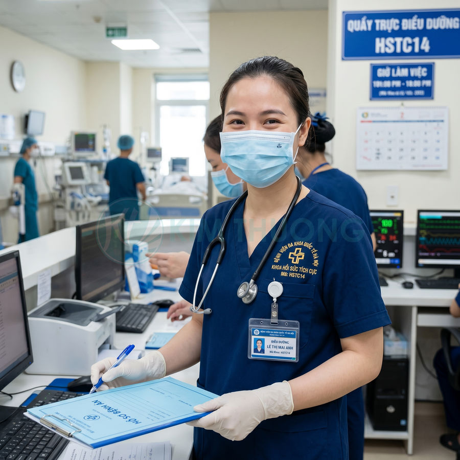 Điều dưỡng bệnh viện đeo khẩu trang và ống nghe đang ghi hồ sơ bệnh án tại phòng hồi sức tích cực