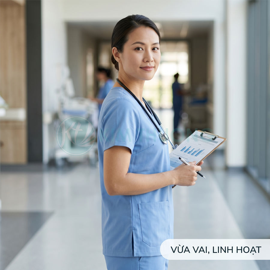 Đồng phục y tá màu xanh dương vừa vặn linh hoạt trong bệnh viện hiện đại