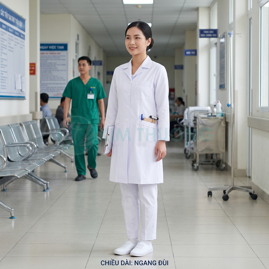 Bác sĩ nữ mặc áo blouse trắng dài ngang đùi, quần trắng và giày trắng đứng trong hành lang bệnh viện