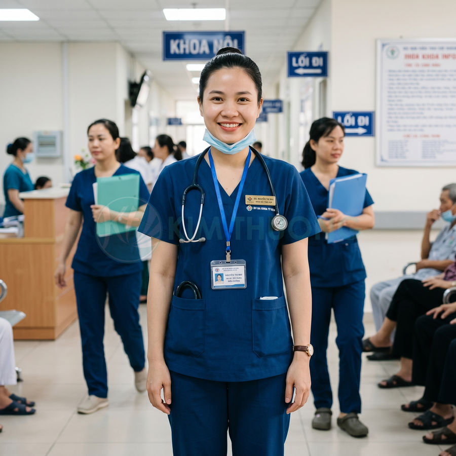 Nữ y tá mặc đồng phục xanh đeo ống nghe đứng trong hành lang khoa nội bệnh viện