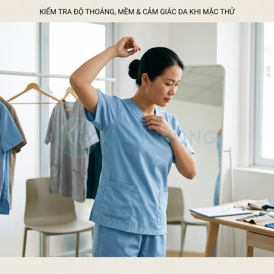 Nữ nhân viên y tế mặc thử bộ đồng phục scrub màu xanh dương kiểm tra độ thoải mái khi cử động