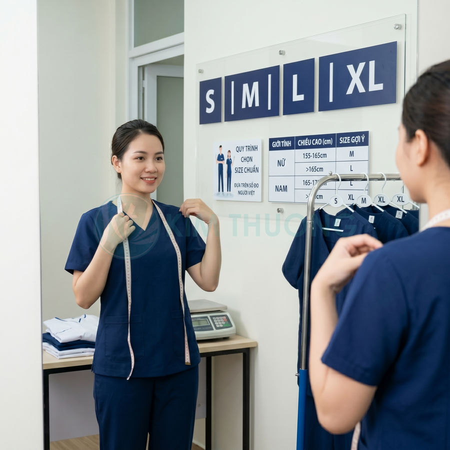 Nhân viên y tế mặc đồng phục scrub xanh navy soi gương chọn size quần áo theo bảng kích cỡ S M L XL