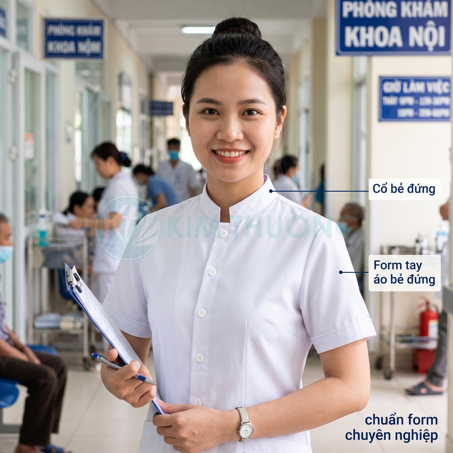 Nữ y tá mặc đồng phục blouse trắng cổ bẻ đứng tay ngắn cầm hồ sơ trong bệnh viện