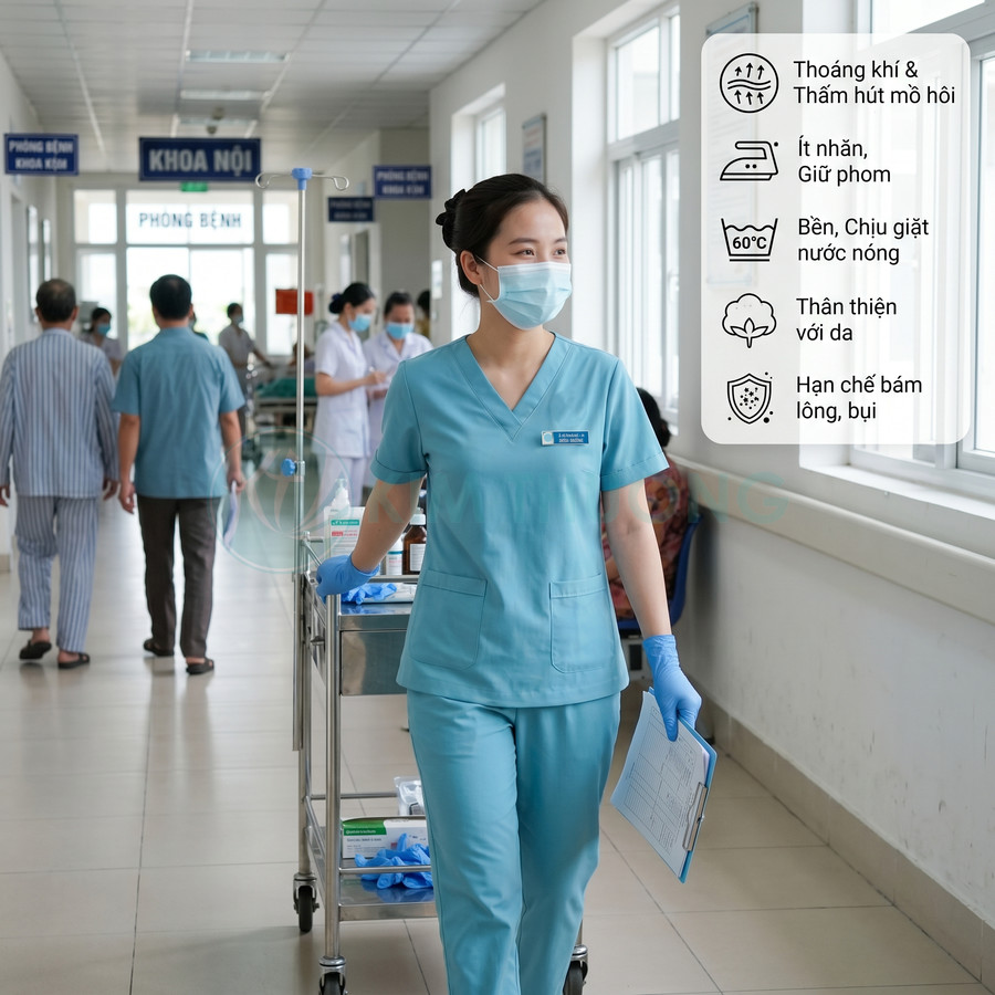 Điều dưỡng mặc đồng phục y tế màu xanh dương nhạt, mang khẩu trang và găng tay, đẩy xe dụng cụ trong hành lang bệnh viện