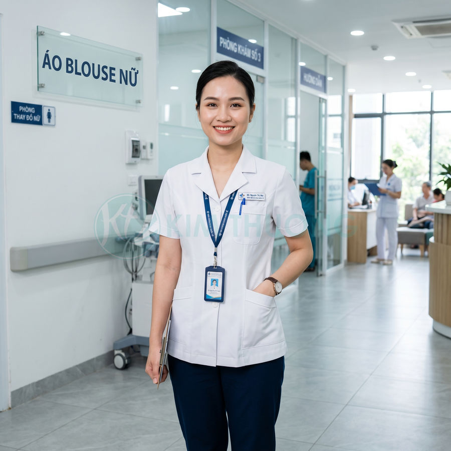 Nữ bác sĩ mặc áo blouse trắng đứng trong hành lang bệnh viện hiện đại