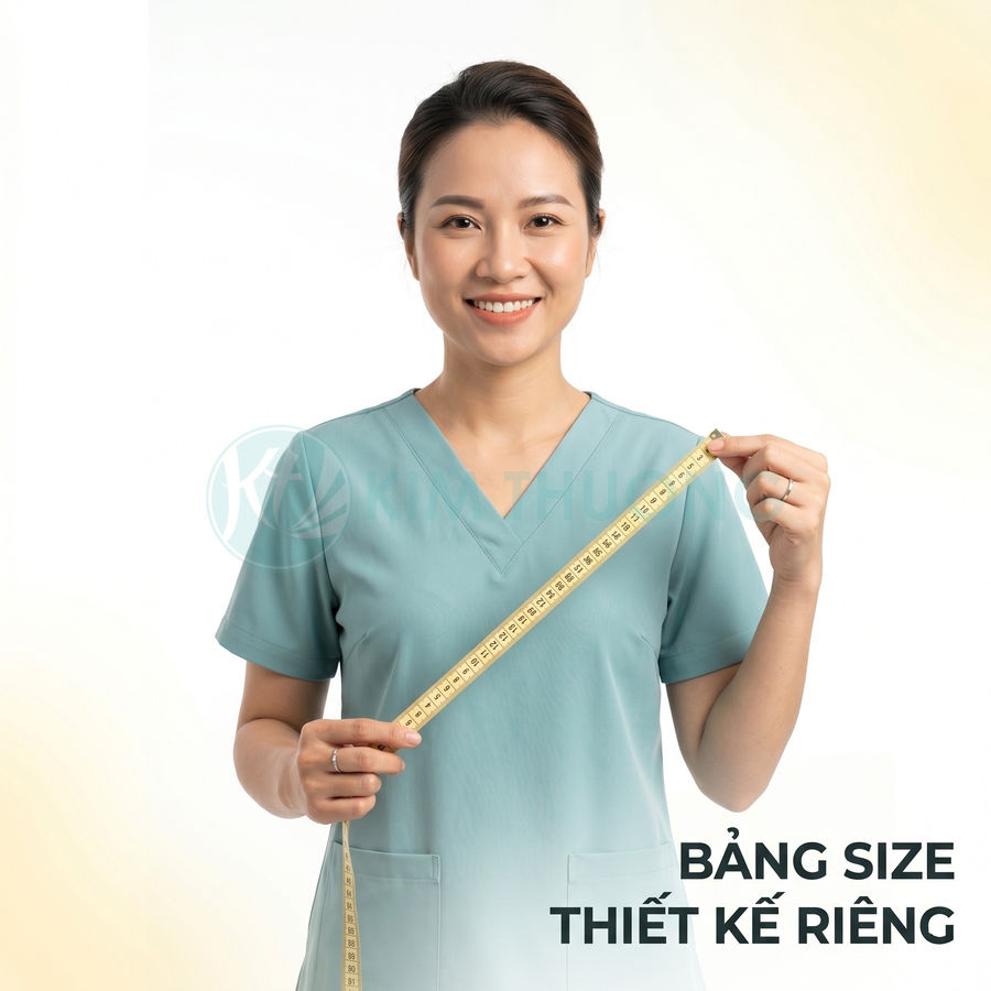Nữ nhân viên y tế mặc đồng phục scrub xanh cầm thước dây đo size trước ngực