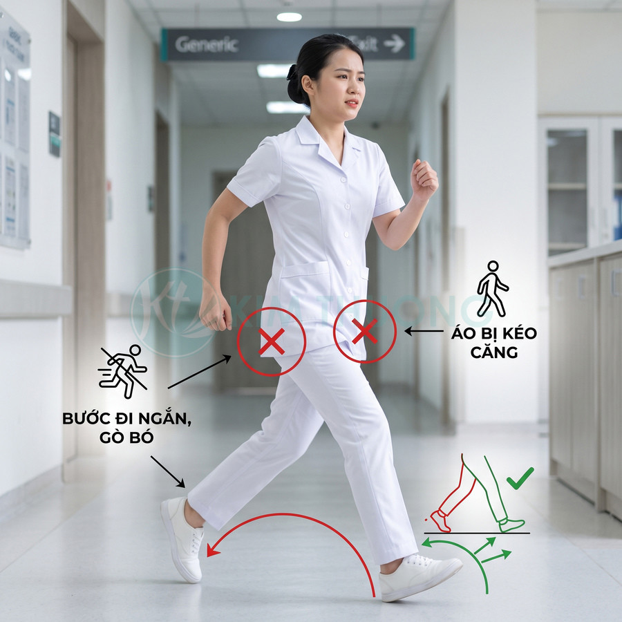 Nữ y tá mặc đồng phục y tế trắng đang bước nhanh trong hành lang bệnh viện, mang giày thể thao trắng