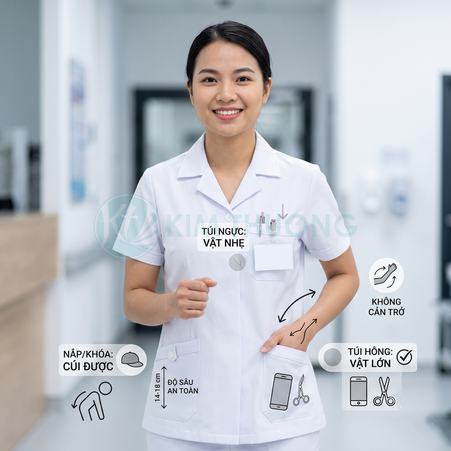 Đồng phục y tá nữ màu trắng nhiều túi tiện dụng đựng điện thoại và dụng cụ y tế