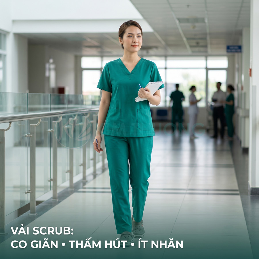 Bộ đồ scrub y tế màu xanh co giãn thấm hút ít nhăn cho nhân viên y tế trong bệnh viện