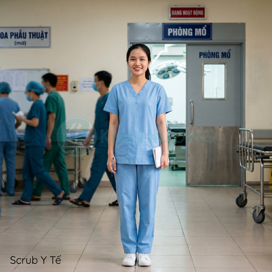 Bộ đồ scrub y tế màu xanh dương cho điều dưỡng đứng trước phòng mổ trong bệnh viện