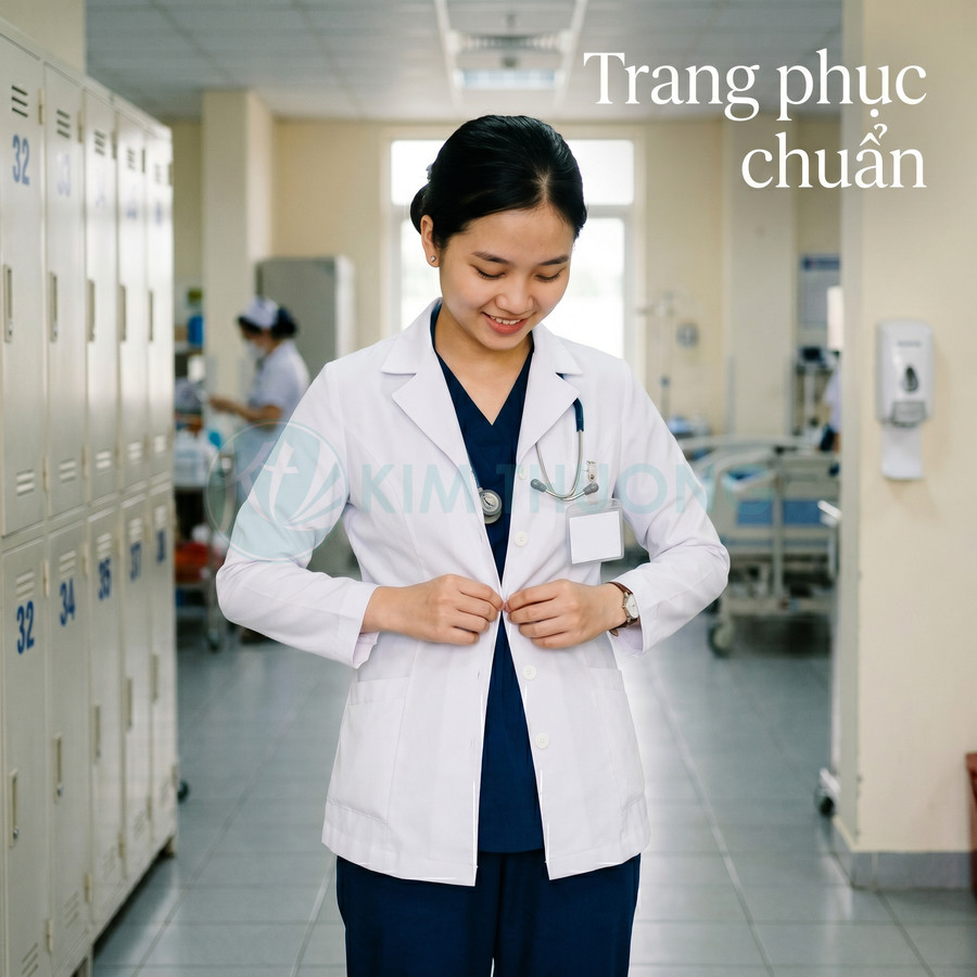 Nữ bác sĩ mặc đồng phục y tế trắng xanh gắn bảng tên và ống nghe trong hành lang bệnh viện