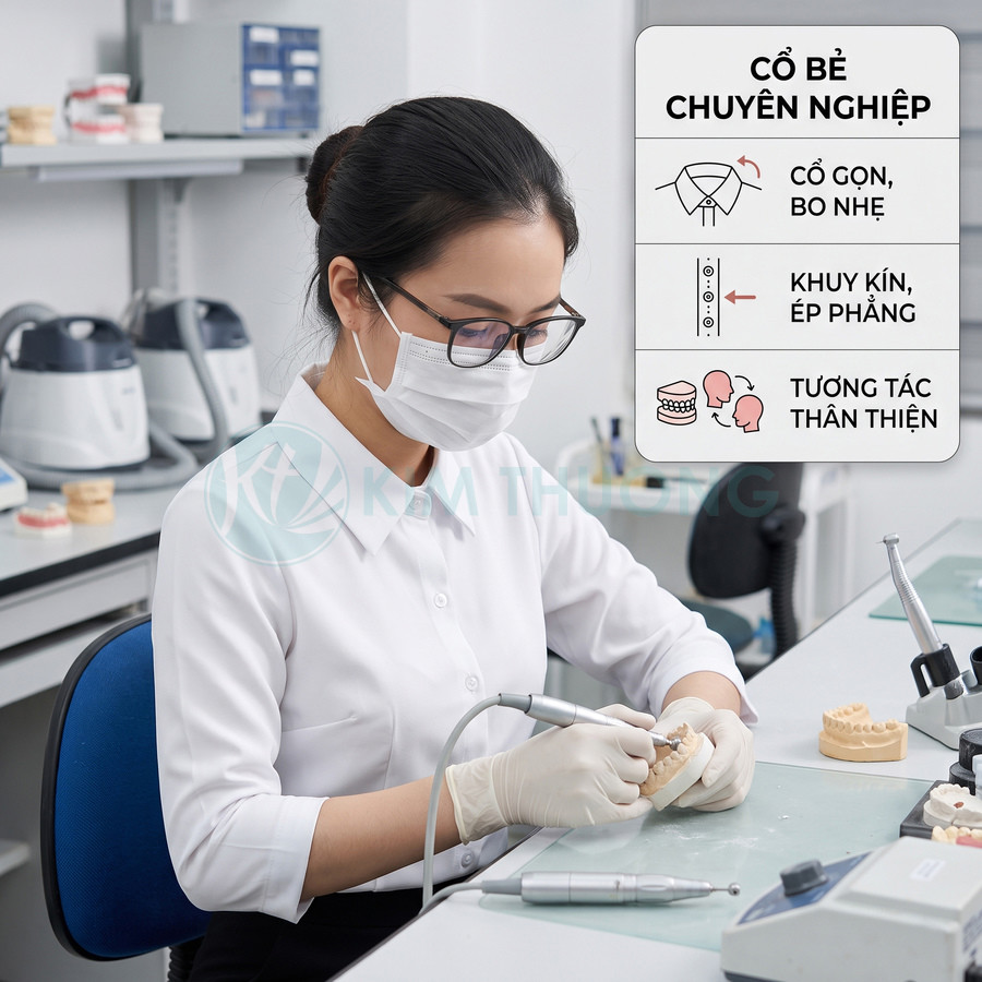Nhân viên nha khoa mặc áo sơ mi trắng cổ bẻ chuyên nghiệp đang làm việc với mẫu răng trong phòng lab
