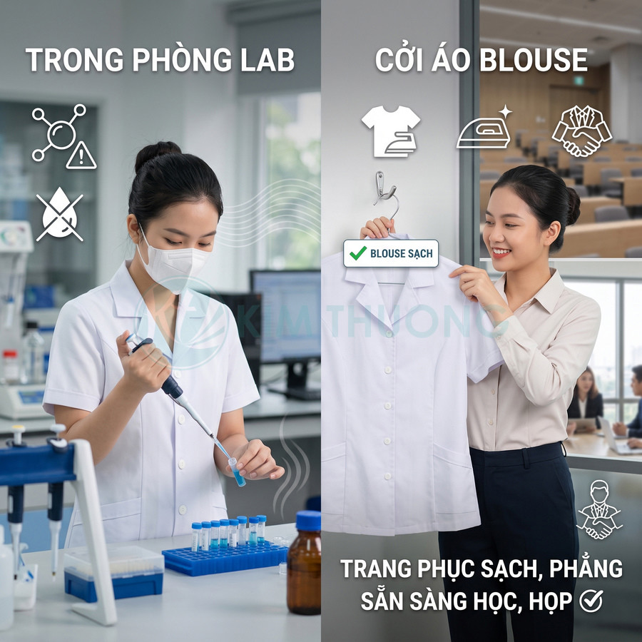 Áo blouse trắng phòng lab sạch sẽ, nữ sinh viên mặc làm thí nghiệm và treo áo blouse phẳng sẵn sàng đi học