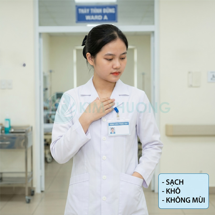 Áo blouse trắng cho sinh viên thực tập y khoa đứng trong bệnh viện, chất liệu sạch khô không mùi