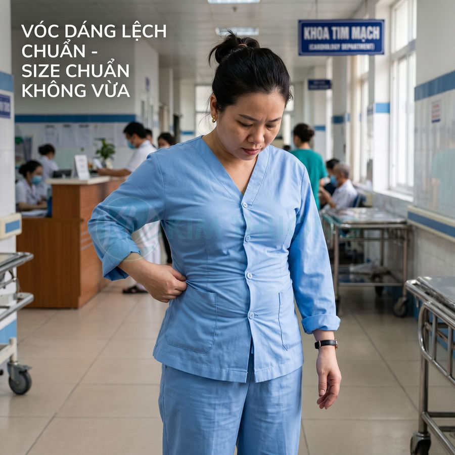 Nữ nhân viên y tế mặc bộ đồ bệnh viện màu xanh bị chật đứng trong hành lang khoa tim mạch