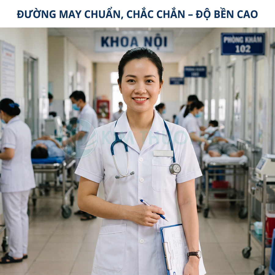 Đồng phục y tá màu trắng đường may chắc chắn tại khoa nội bệnh viện