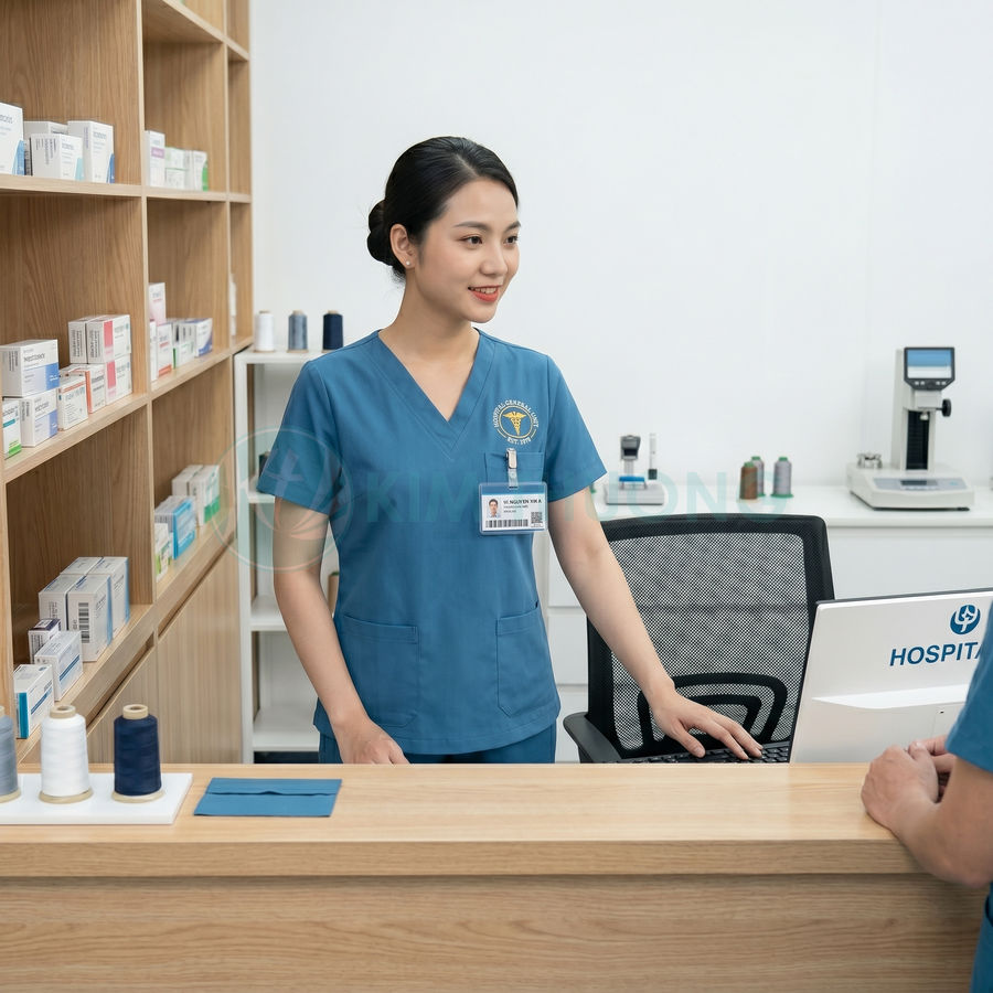 Nhân viên y tế mặc đồng phục xanh đứng tại quầy tiếp tân bệnh viện cạnh kệ thuốc và máy tính