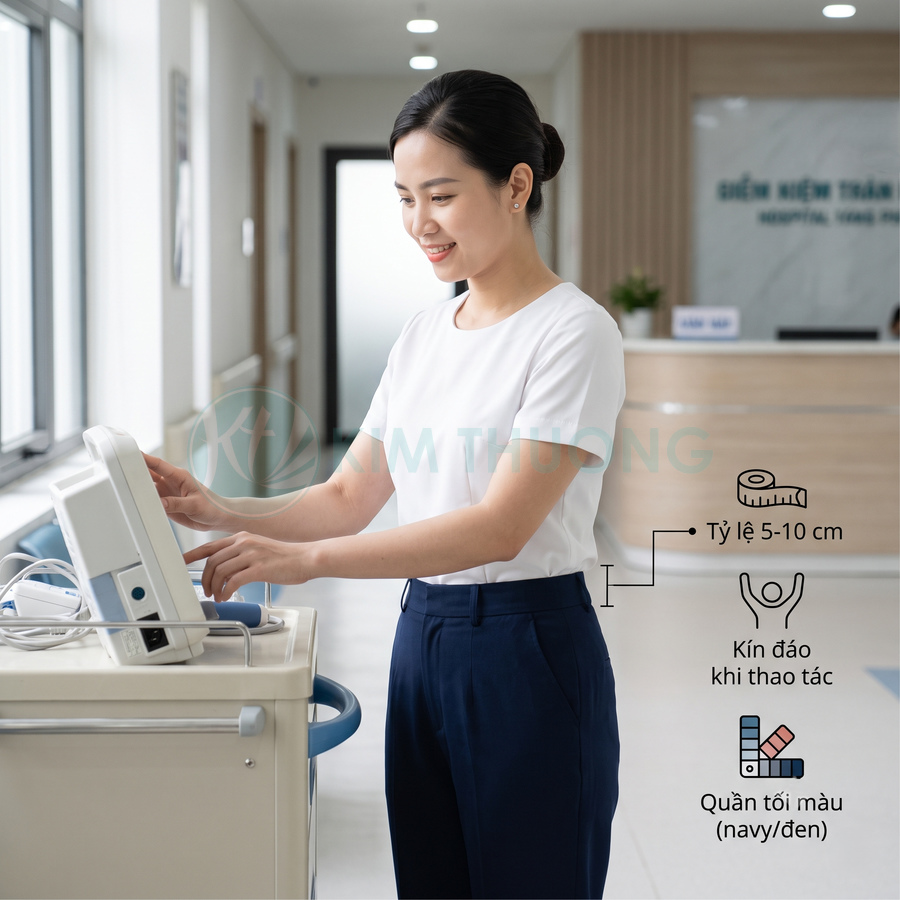 Nhân viên y tế mặc quần tây tối màu thao tác trên máy đo tại hành lang bệnh viện