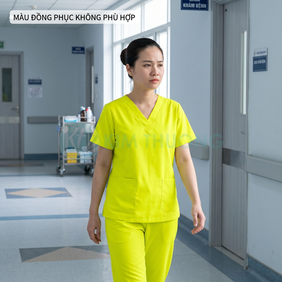 Nữ y tá mặc bộ đồng phục y tế màu vàng neon đi trong hành lang bệnh viện