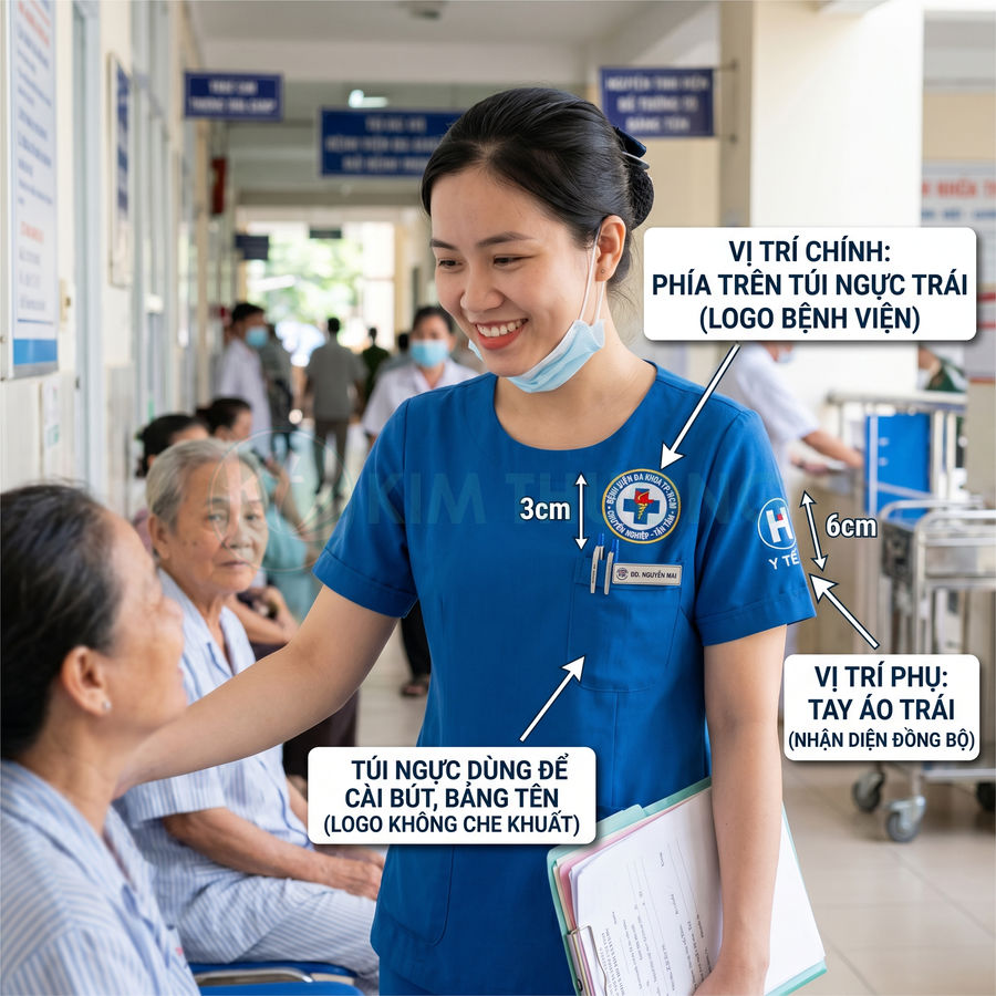 Nữ y tá mặc đồng phục y tế màu xanh dương có logo bệnh viện, đeo bảng tên và cầm hồ sơ khám bệnh