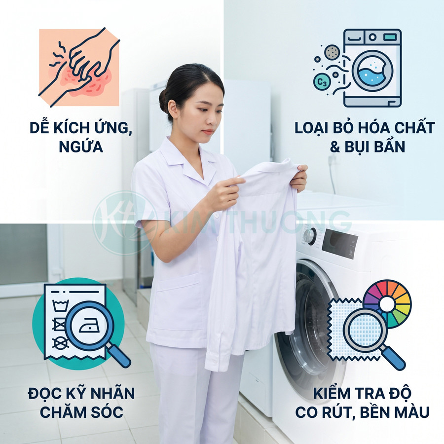 Nữ nhân viên y tế kiểm tra áo blouse trắng trước máy giặt với hướng dẫn giặt an toàn in trên hình