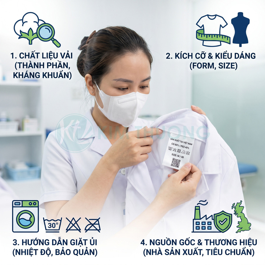 Nhân viên y tế đeo khẩu trang kiểm tra nhãn mác áo blouse trắng với thông tin chất liệu và hướng dẫn giặt ủi