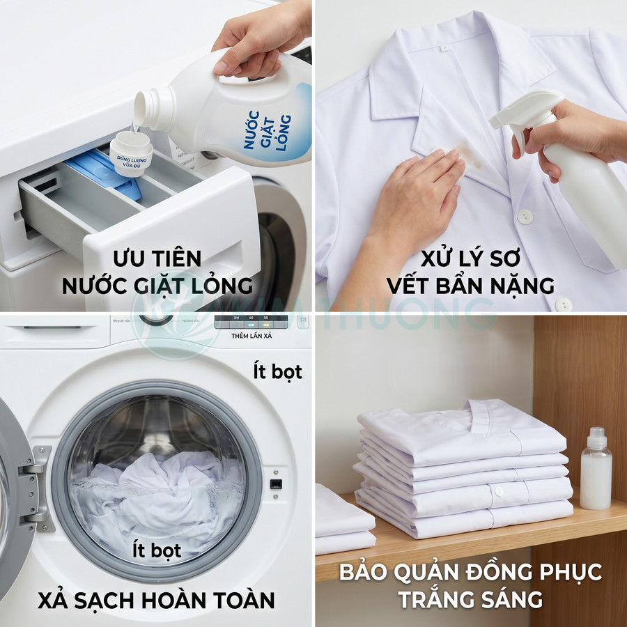 Hướng dẫn dùng nước giặt lỏng và bình xịt tẩy vết bẩn để giặt sạch và bảo quản áo sơ mi trắng