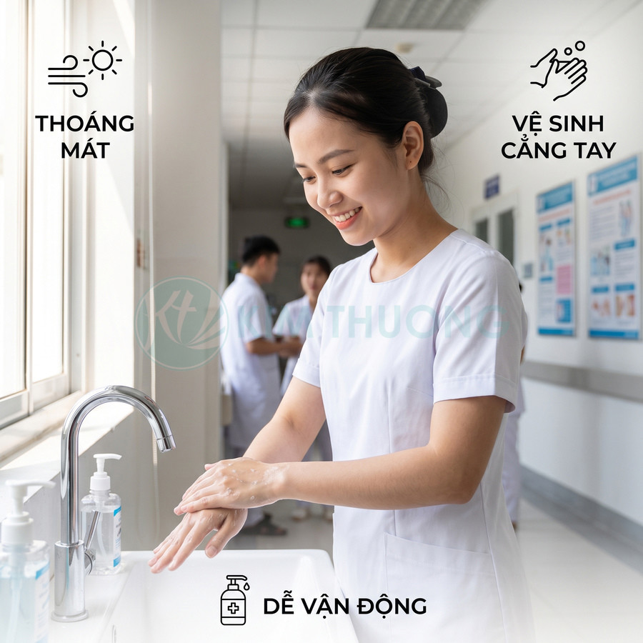 Điều dưỡng rửa tay bằng xà phòng diệt khuẩn tại bồn rửa trong bệnh viện sạch sẽ